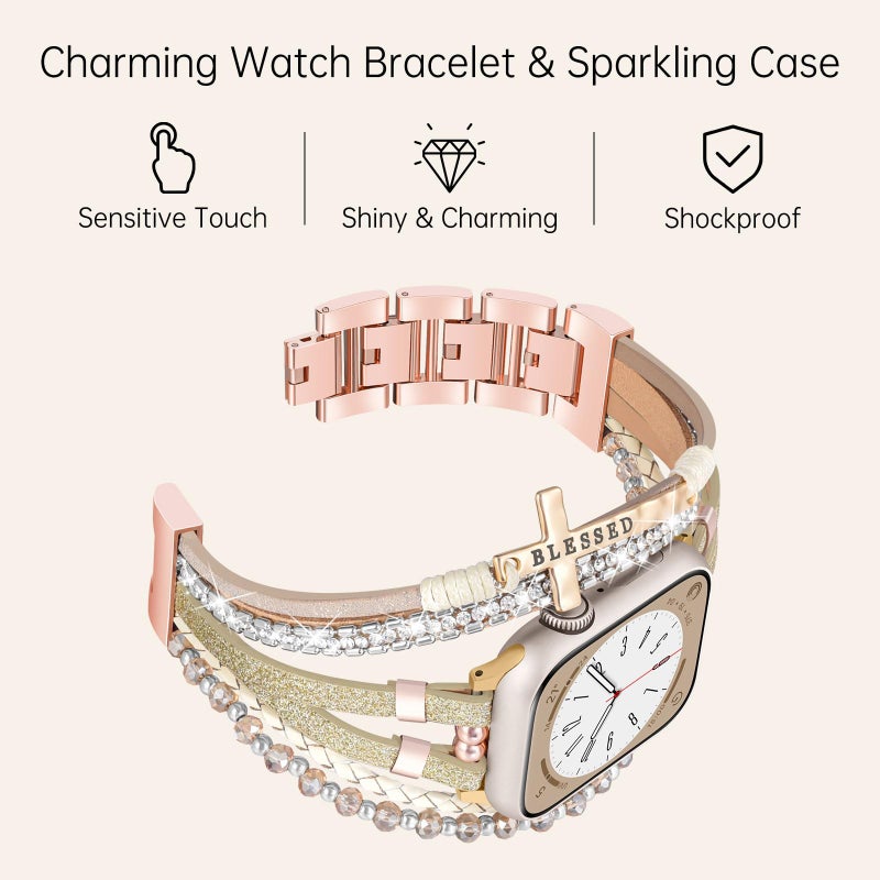Fancywrist Boho Bracelet & Case Compatible with Apple Watch Band 40mm 44mm 45mm 46mm 41mm 38mm 42mm(S11 S10) Women, Dressy beaded Handmade Leather Strap for iWatch Series11 10 9 8 7 6 5 4 3 2 1 SE - Image 3