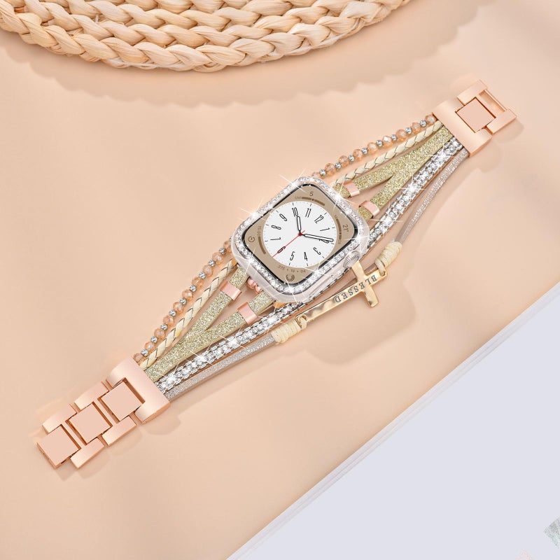 Fancywrist Boho Bracelet & Case Compatible with Apple Watch Band 40mm 44mm 45mm 46mm 41mm 38mm 42mm(S11 S10) Women, Dressy beaded Handmade Leather Strap for iWatch Series11 10 9 8 7 6 5 4 3 2 1 SE - Image 5