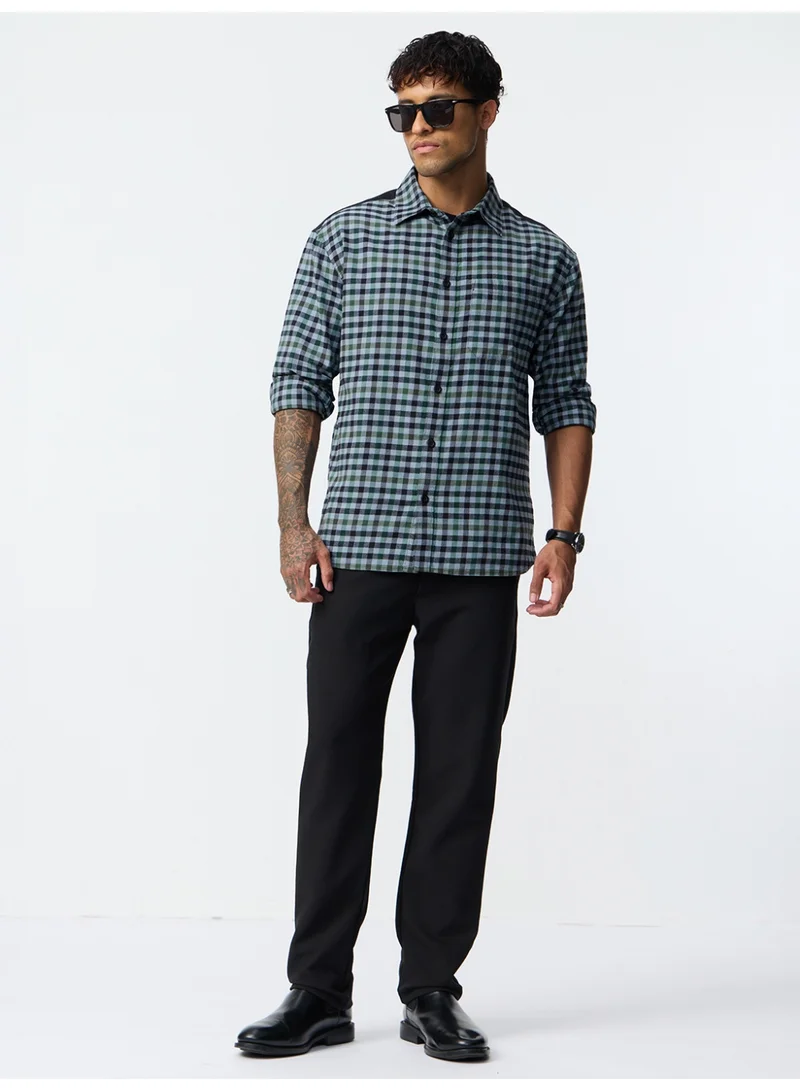 The Souled Store The Souled Store: Midnight Grid Men and Boys Long Sleeve Spread Collar Green Checks Cotton Relaxed Shirt