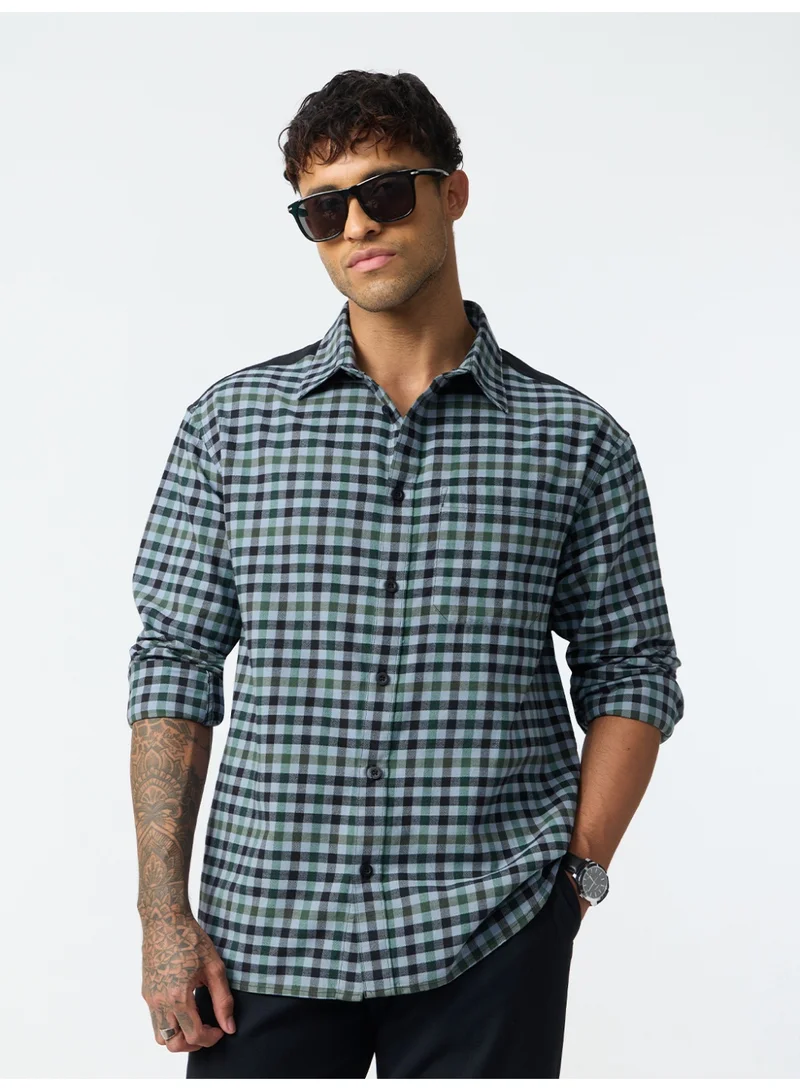 The Souled Store The Souled Store: Midnight Grid Men and Boys Long Sleeve Spread Collar Green Checks Cotton Relaxed Shirt