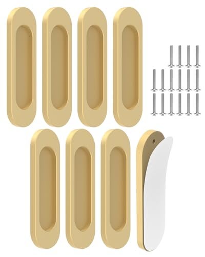 MeBantoo 8 Pack SelfStick Door Handles 4 Inch Aluminum Alloy Self Adhesive Flat Finger Pulls No Drill Cabinet Knobs for Drawer Sliding GlassBarnClosetBalcony Doors 8 Champagne - Image 1