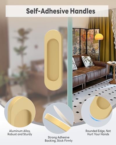 MeBantoo 8 Pack SelfStick Door Handles 4 Inch Aluminum Alloy Self Adhesive Flat Finger Pulls No Drill Cabinet Knobs for Drawer Sliding GlassBarnClosetBalcony Doors 8 Champagne - Image 3