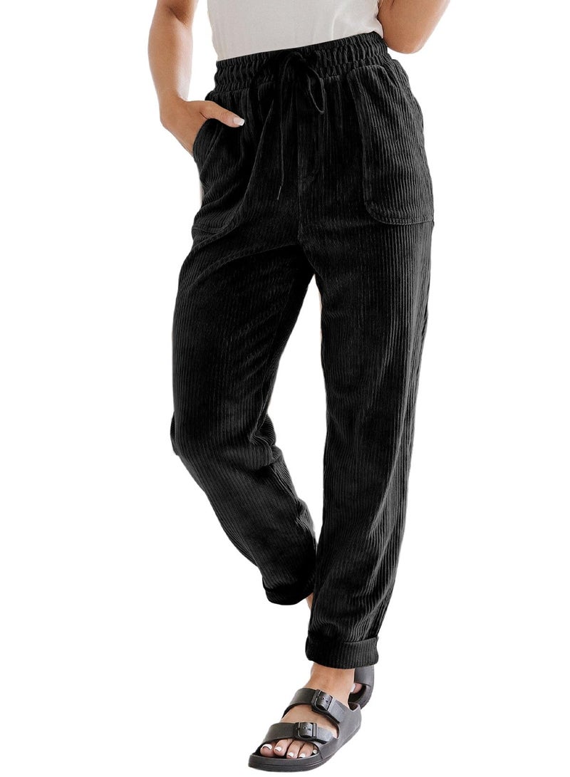 EVALESS Business Casual Black Corduroy Pants for Women Spring 2026 Drawstring Elastic High Waist Pants Loose Comfy Straight Leg Trousers with Pockets Small - Image 1