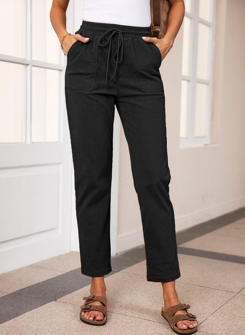 EVALESS Business Casual Black Corduroy Pants for Women Spring 2026 Drawstring Elastic High Waist Pants Loose Comfy Straight Leg Trousers with Pockets Small - Image 2