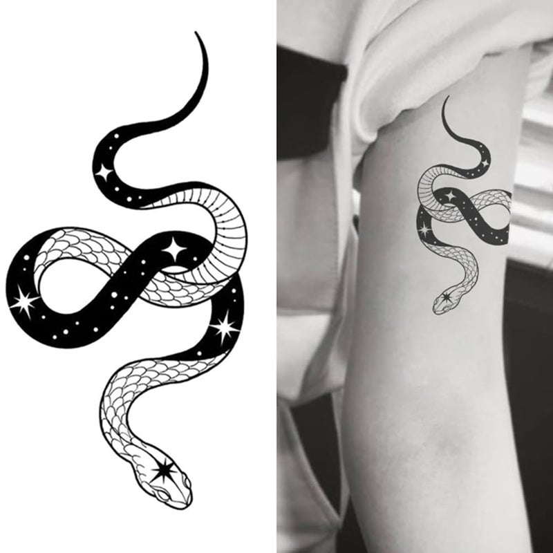 Oottati Small Cute Temporary Tattoo Sticker Set of 2 - Halloween Scary Black Star Snake Designs for Hand Neck Face Wrist, Waterproof Fake Body Art, Simple & Modern Unisex Skin Decals