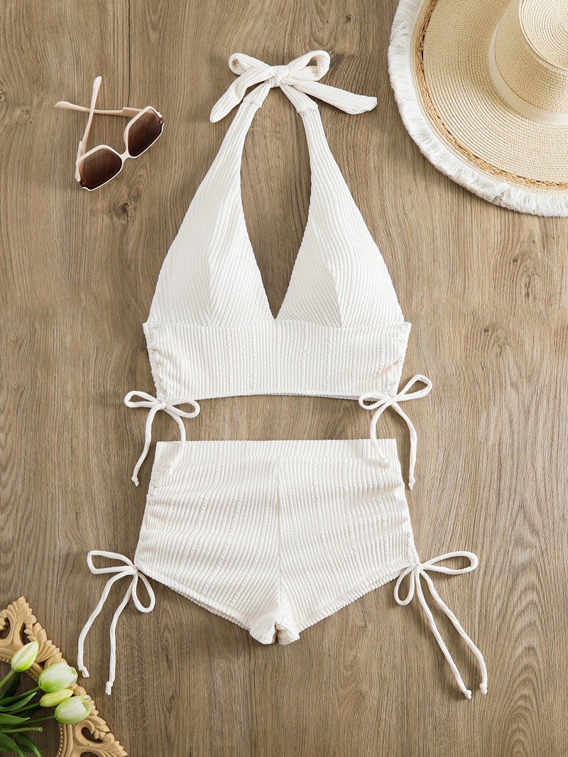 2025 New Solid Color High-Grade Drawstring Lace-Up High Waist Split Swimsuit Boxers Conservative Swimsuit - Image 1