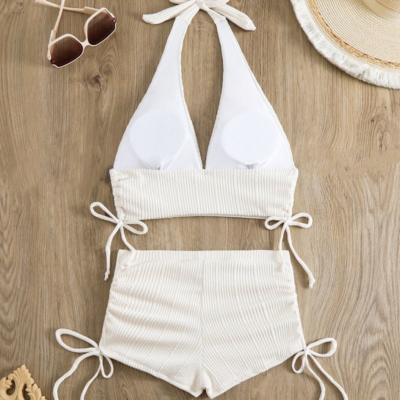 2025 New Solid Color High-Grade Drawstring Lace-Up High Waist Split Swimsuit Boxers Conservative Swimsuit - Image 4