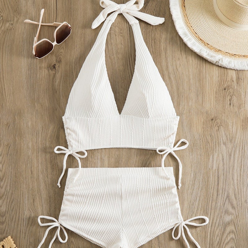 2025 New Solid Color High-Grade Drawstring Lace-Up High Waist Split Swimsuit Boxers Conservative Swimsuit - Image 3