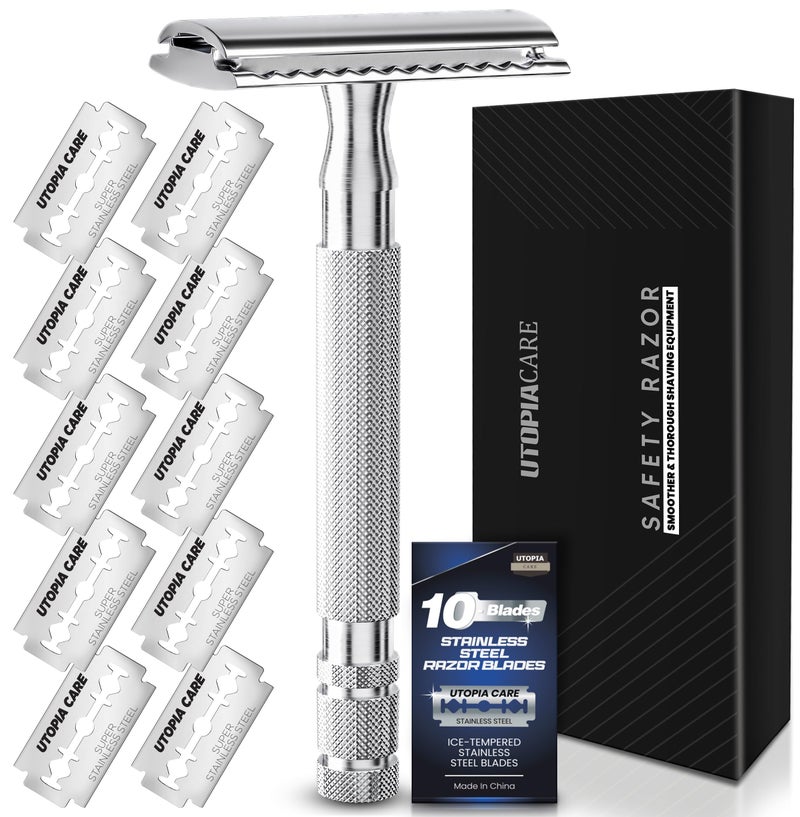 Utopia Care Double Edge Safety Razor for Men  Women with 10 Premium Stainless Steel Blade Refills Reusable Single Blade Razor Silver
