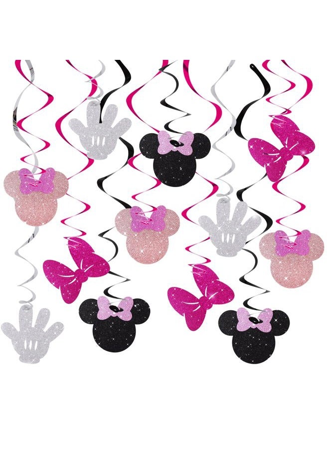 BEISHIDA 16 Pcs Mouse Hanging Swirl Decorations, Pre-Strung Mouse Birthday Party Decorations Pink and Black Mouse Theme Party Supplies for Kids - Image 1