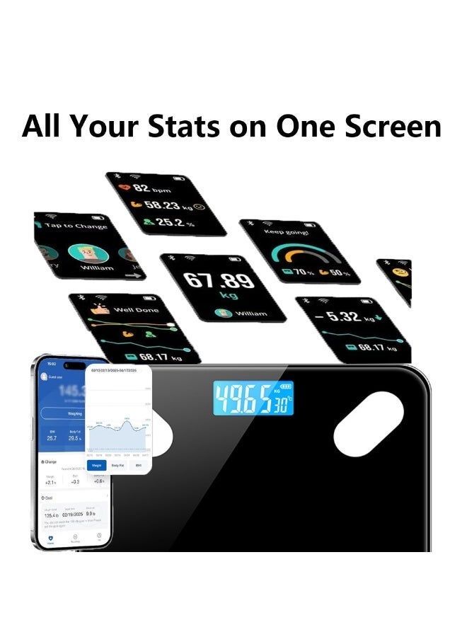 Black Digital Body Fat Scale | Ultra-Slim Tempered Glass Design with Large Color LCD Backlit Display – Step-On Instant Measurement, Stylish & Compact - Image 4