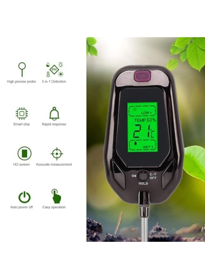 Generic Soil Test Meter, 5-in-1 Kit Soil Moisture Meter/Soil PH Meter/Soil Temperature/Environment Humidity/Sunlight Intensity LCD Display for Garden Lawn Plant  - Image 5