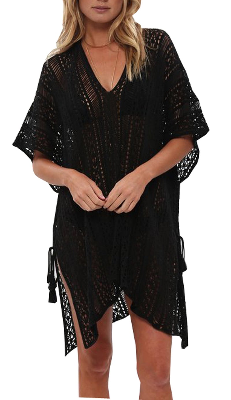 Wander Agio Beach Swimsuit for Women Sleeve Coverups Bikini Cover Up Net Slit Black - Image 1