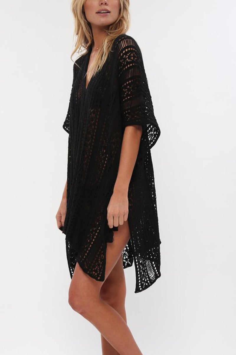 Wander Agio Beach Swimsuit for Women Sleeve Coverups Bikini Cover Up Net Slit Black - Image 3