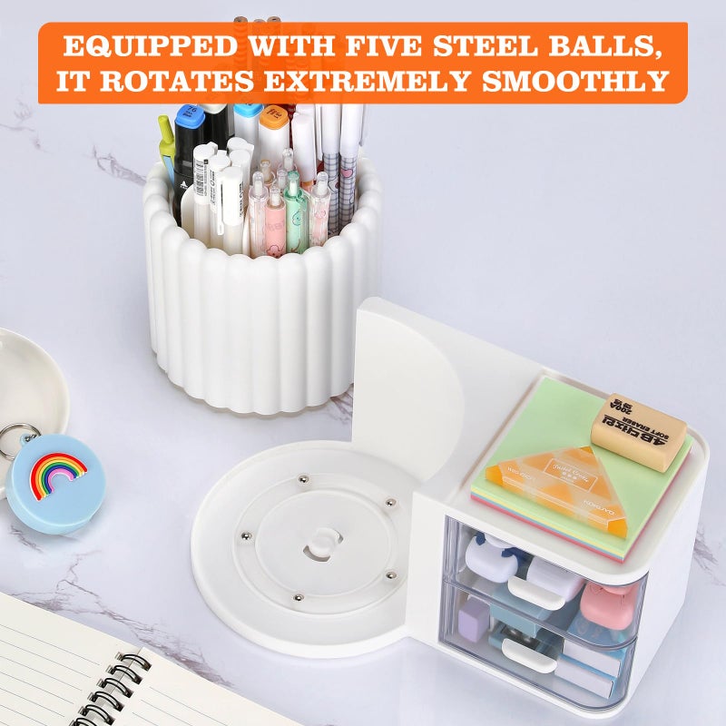 LETURE Rotating Office Desk Organizers and Accessories with 2 Drawer, Pencil Pen Marker Holder for Desk, Desktop Storage Organizers and Accessories for Office Home Art Supplies (White) - Image 4