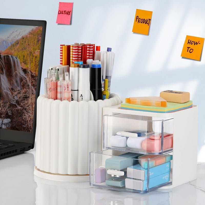 LETURE Rotating Office Desk Organizers and Accessories with 2 Drawer, Pencil Pen Marker Holder for Desk, Desktop Storage Organizers and Accessories for Office Home Art Supplies (White) - Image 2