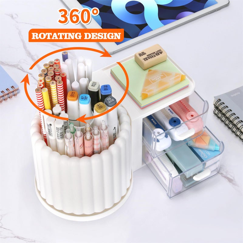 LETURE Rotating Office Desk Organizers and Accessories with 2 Drawer, Pencil Pen Marker Holder for Desk, Desktop Storage Organizers and Accessories for Office Home Art Supplies (White) - Image 3