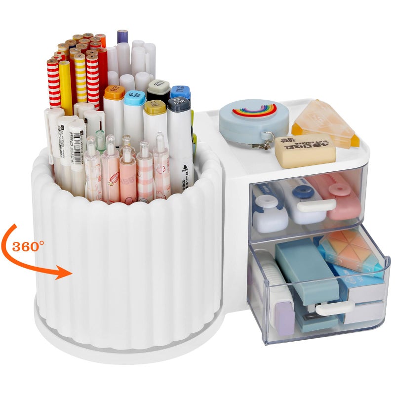 LETURE Rotating Office Desk Organizers and Accessories with 2 Drawer, Pencil Pen Marker Holder for Desk, Desktop Storage Organizers and Accessories for Office Home Art Supplies (White) - Image 1