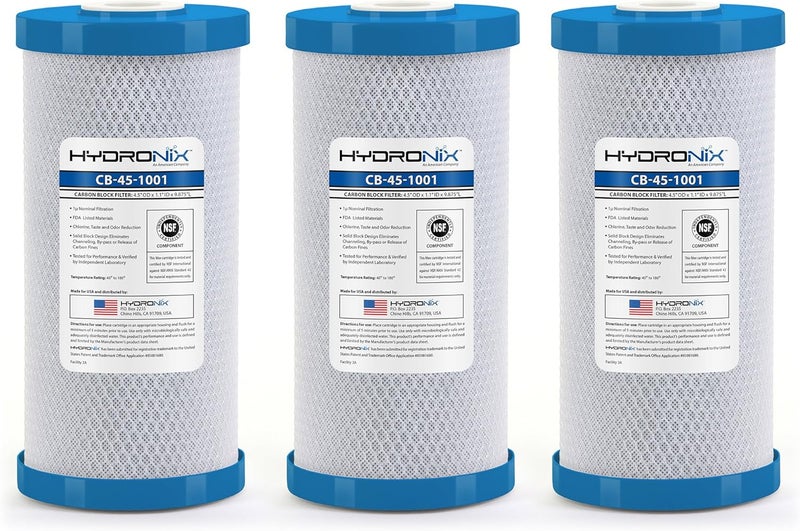 Hydronix CB-45-1001 Whole House Commercial Hydroponics RO NSF Carbon Block Water Filter, 4.5" x 10", 1 Micron, 3 Pack - Image 1