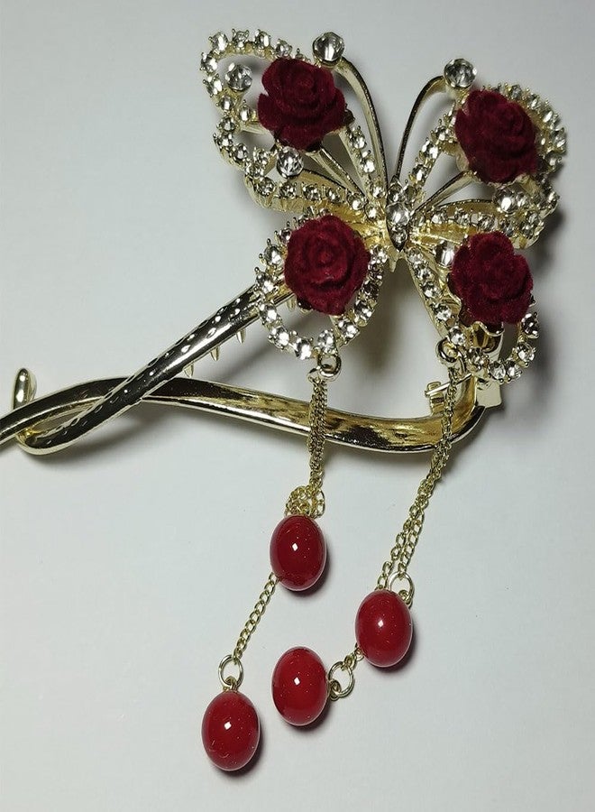 Ashkash 1Pcs Red Flower Tassel Headdress, Rhinestone Faux Pearl French Style Twist Button Clip Hair Clips, Alloy Hair Accessories, Suitable For Daily Use - Image 3