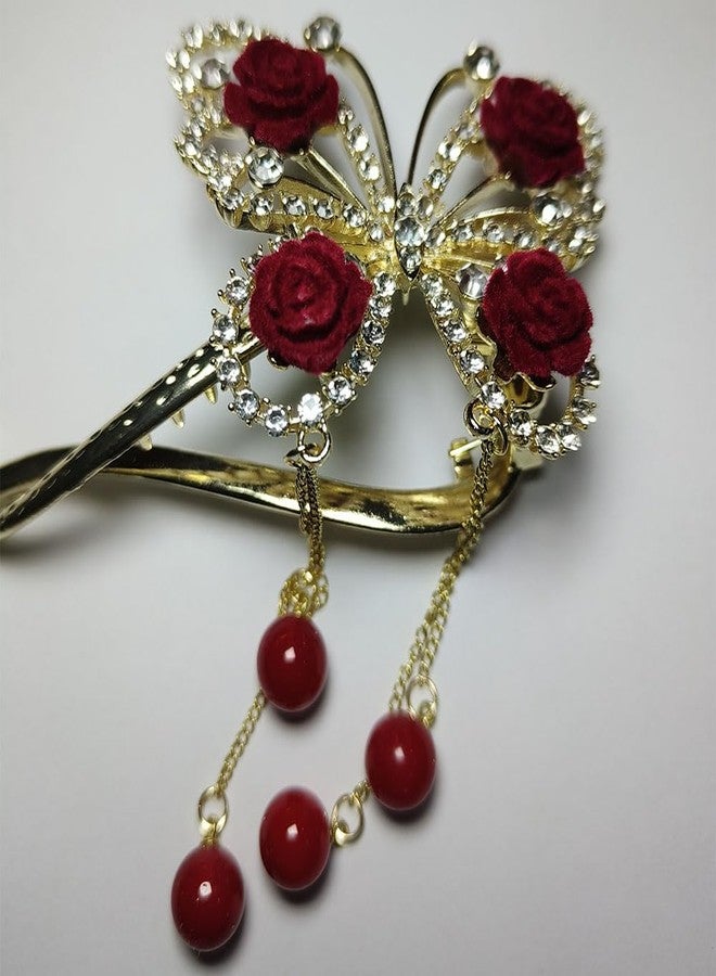 Ashkash 1Pcs Red Flower Tassel Headdress, Rhinestone Faux Pearl French Style Twist Button Clip Hair Clips, Alloy Hair Accessories, Suitable For Daily Use - Image 2