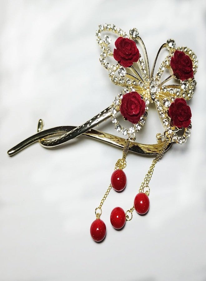 Ashkash 1Pcs Red Flower Tassel Headdress, Rhinestone Faux Pearl French Style Twist Button Clip Hair Clips, Alloy Hair Accessories, Suitable For Daily Use - Image 1