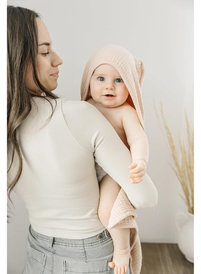Konssy 2-Pack Muslin Hooded Baby Towels, 100% Cotton, Ultra-Soft & Absorbent Baby Bath Towels with Hood for Newborn & Infant (Cream, Blossom,30" x 30") - Image 2