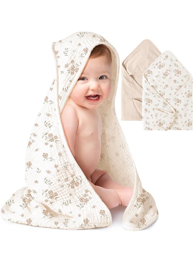 Konssy 2-Pack Muslin Hooded Baby Towels, 100% Cotton, Ultra-Soft & Absorbent Baby Bath Towels with Hood for Newborn & Infant (Cream, Blossom,30" x 30") - Image 1
