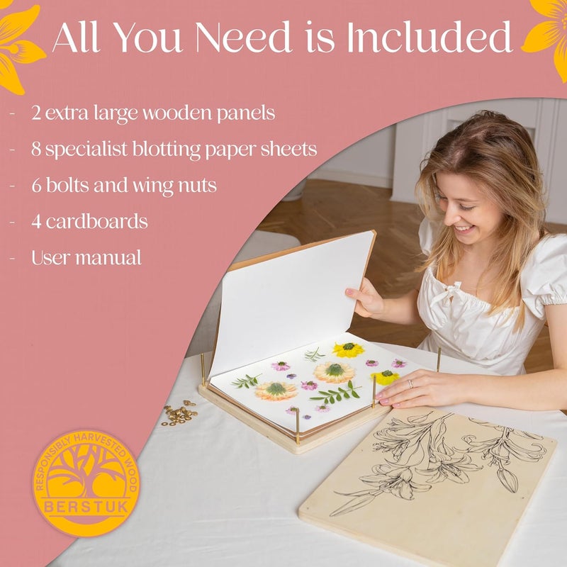 Berstuk Extra Large Flower Press Kit for Adults and Teens - Big Flower Preservation Kit 38 x 29cm (15" x 11.4") - Includes Expert Video Tutorials - Gift-Ready Packaging Ideal for Arts and Crafts Lovers - Image 2