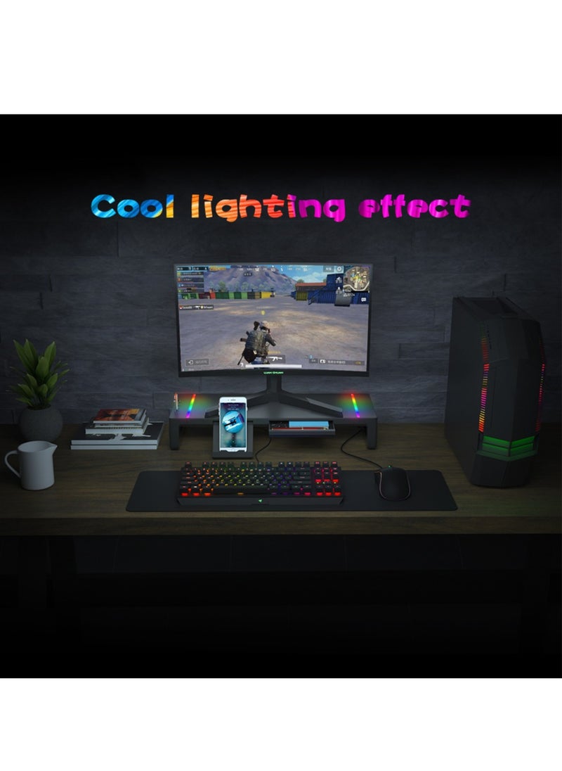 FlashHawk - RGB Monitor Stand Riser Laptop Holder with 4 USB Hubs Storage Drawer and Phone Holder for Office Work - Image 1