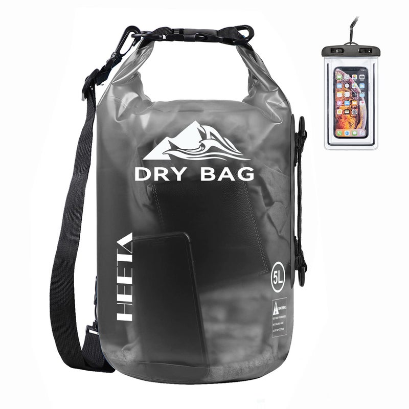 HEETA Dry Bag Waterproof for Women Men, Roll Top Lightweight Dry Storage Bag Backpack with Phone Case for Travel Swimming Boating Kayaking Paddle Board Camping Beach Accessories (Transparent Black,5L) - Image 1