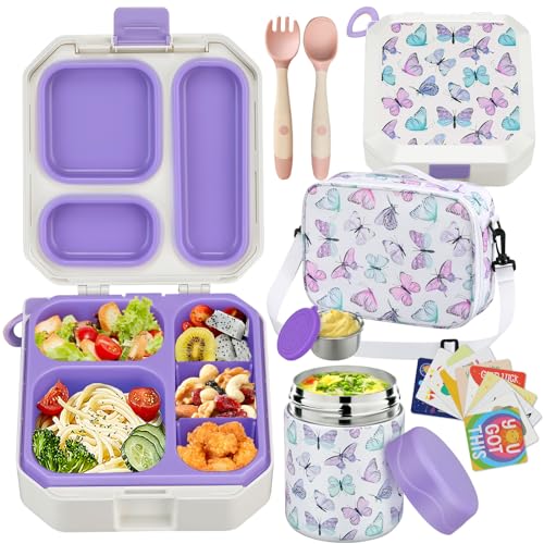 wiwens Bento Lunch Box for Kids with 12oz Soup Thermo Leak-Proof Lunch Food Container with 5 Compartment Thermo Hot Food Jar and Insulated Lunch Bag for Kid Toddler Girls Boys to School - Image 1