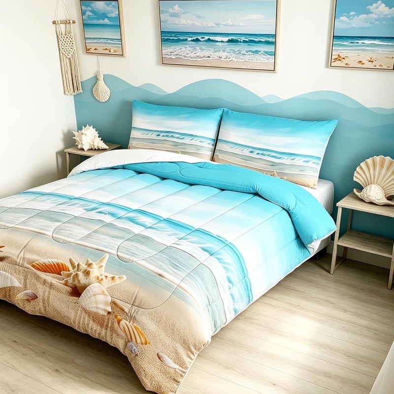 FUYEUN Blue Coastal Comforter Set Full, Beach Nature Theme Bedding for Boys Girls Women Bedroom, Ocean Starfish Qulit Sets, 1 Comforter, 2 Pillowcases - Image 2