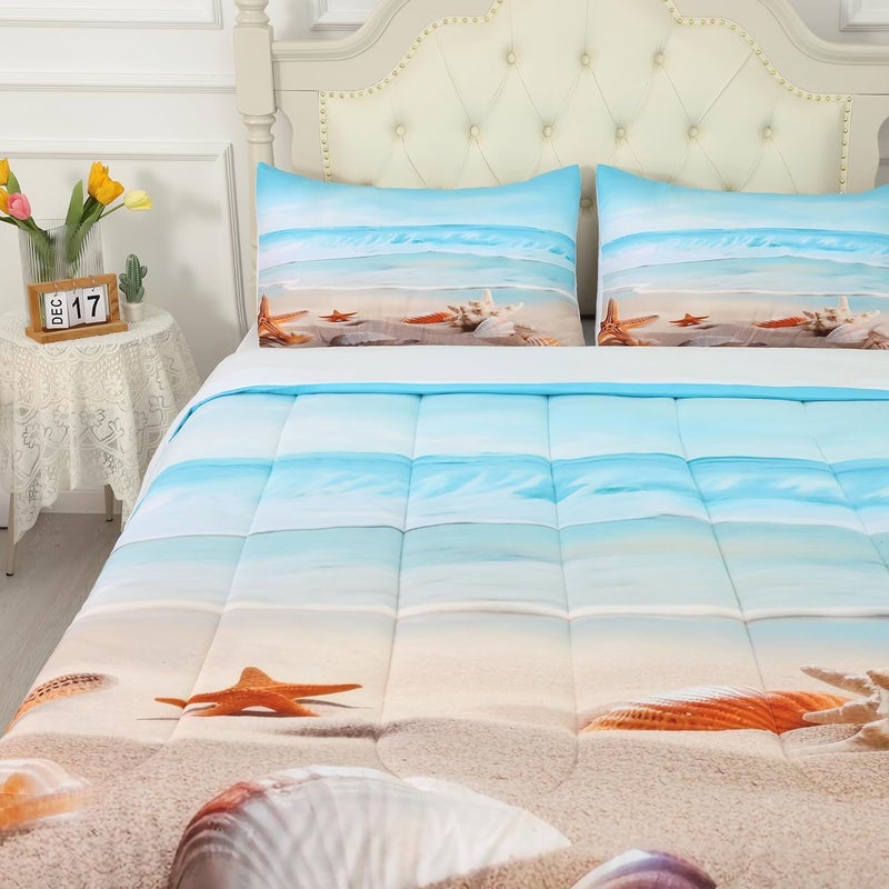 FUYEUN Blue Coastal Comforter Set Full, Beach Nature Theme Bedding for Boys Girls Women Bedroom, Ocean Starfish Qulit Sets, 1 Comforter, 2 Pillowcases - Image 5