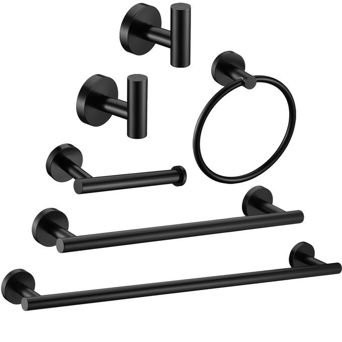 6 PIECES MATTE BLACK BATHROOM HARDWARE ACCESSORIES SET HAND TOWEL RING 16236 INCH ROUND TOWEL BAR SILVER TOILET PAPER HOLDER TOWEL HOOKS 2 PIECES SUS 304 STAINLESS STEELHEAVY DUTYWALL MOUNTED
