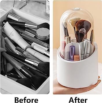 SANGOZ Makeup Brush Organizer 360Rotating Makeup Brush Bucket with Dust Cover Dustproof Cosmetic Storage Box Compartment - Image 5