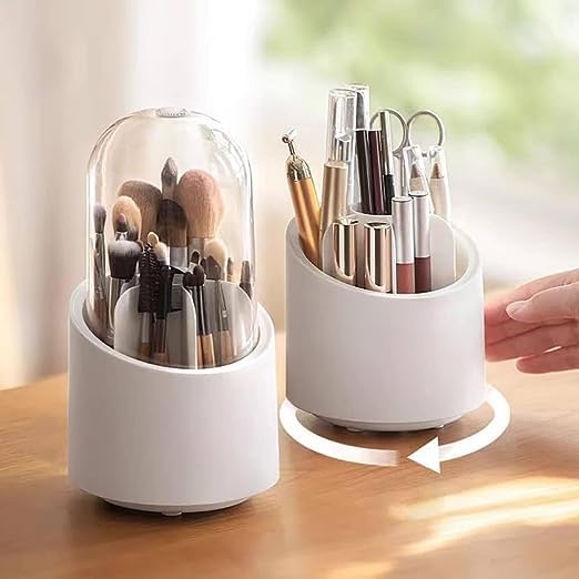 SANGOZ Makeup Brush Organizer 360Rotating Makeup Brush Bucket with Dust Cover Dustproof Cosmetic Storage Box Compartment - Image 4