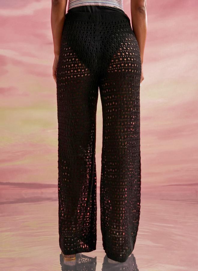 Styli Black Open Crochet Wide Leg Beach Pants - Image 4