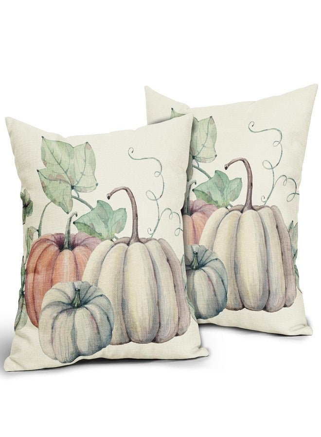 Sweetshow Fall Decor Pillow Covers 18x18 Inch Set of 2 Autumn Watercolor Orange White Pumpkin Decorative Outdoor Throw Pillows Thanksgiving Pillow Case Linen Square Cushion Cover Decor for Home Sofa Couch Bed - Image 2