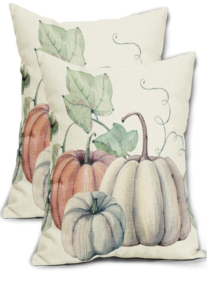 Sweetshow Fall Decor Pillow Covers 18x18 Inch Set of 2 Autumn Watercolor Orange White Pumpkin Decorative Outdoor Throw Pillows Thanksgiving Pillow Case Linen Square Cushion Cover Decor for Home Sofa Couch Bed - Image 1