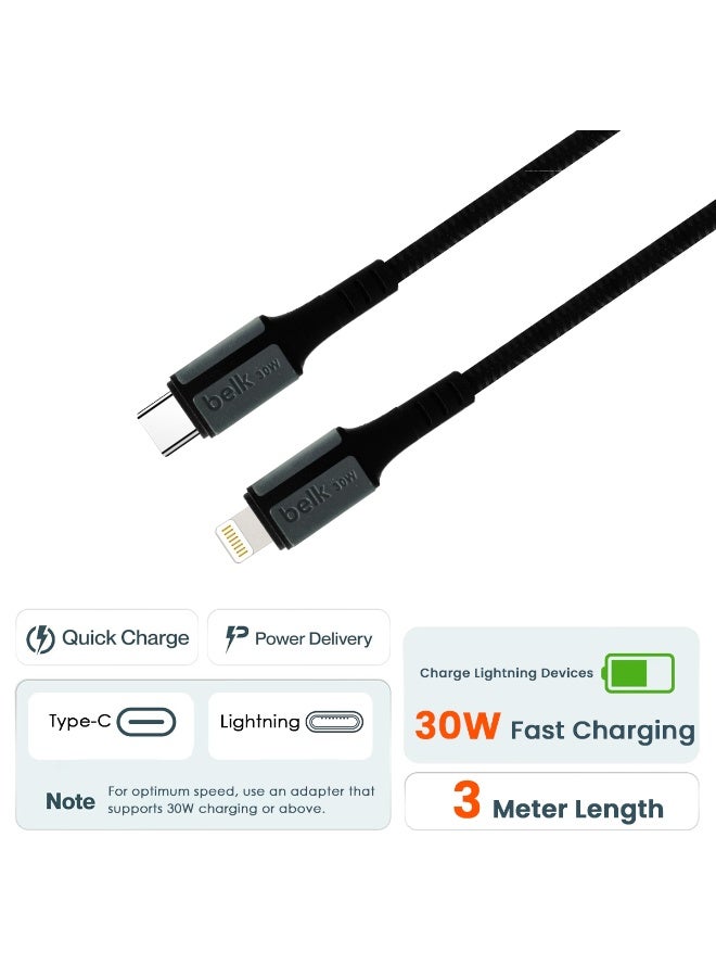 بيلك كابل شحن سريع من Type-C إلى Lightning، 30 واط، بطول 3 أمتار، بتقنية PD | كابل شحن معتمد من MFi لأجهزة iPhone وiPad وiPod | كابل نايلون مضفر من كيفلر، بسرعة نقل بيانات عالية تصل إلى 480 ميجابت في الثانية | تصميم قوي ومتين للمنزل والمكتب والسيارة والسفر - Image 2