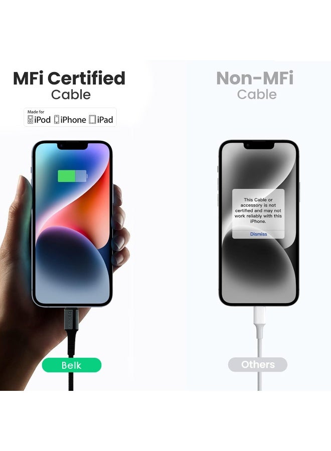بيلك كابل شحن سريع من Type-C إلى Lightning، 30 واط، بطول 3 أمتار، بتقنية PD | كابل شحن معتمد من MFi لأجهزة iPhone وiPad وiPod | كابل نايلون مضفر من كيفلر، بسرعة نقل بيانات عالية تصل إلى 480 ميجابت في الثانية | تصميم قوي ومتين للمنزل والمكتب والسيارة والسفر - Image 4