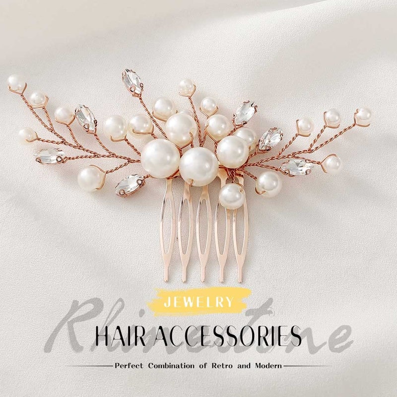 EVILD Wedding Hair Comb Pearls Flower Hair Side Comb Bridal Rhinestone Hair Clips Hairpieces Wedding Hair Accessories for Brides and Bridesmaids (Rose) - Image 3