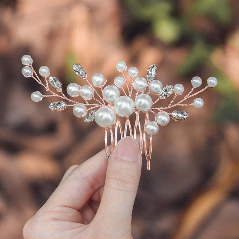 EVILD Wedding Hair Comb Pearls Flower Hair Side Comb Bridal Rhinestone Hair Clips Hairpieces Wedding Hair Accessories for Brides and Bridesmaids (Rose) - Image 1
