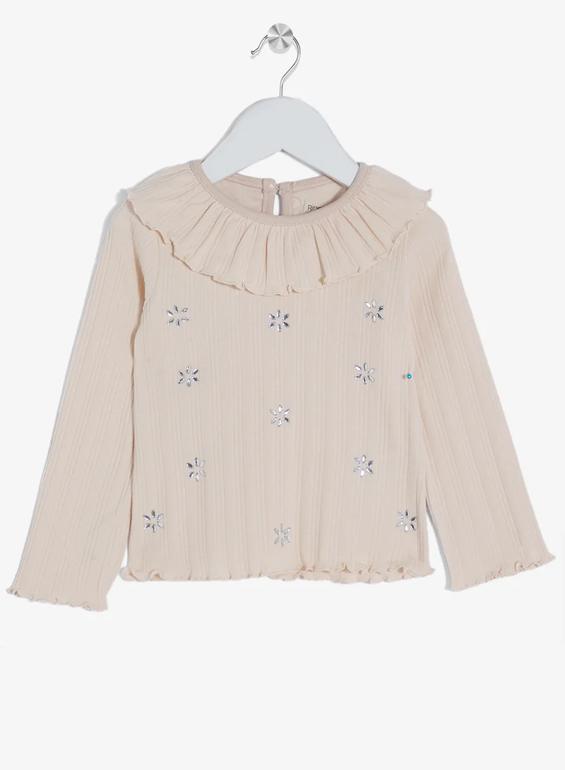 ريبلز مع نمشي تيشيرت بناتي بأكمام طويلة وياقة مكشكشة