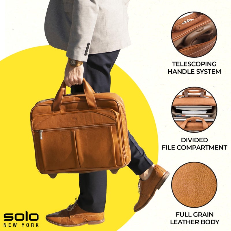 Solo NEW YORK Solo Walker Rolling Laptop Bag with Wheels - Fits Up To 15.6-Inch Laptop – Rolling Leather Laptop Case for Men and Women. Premium Leather Rolling Bag – Tan  - Image 2