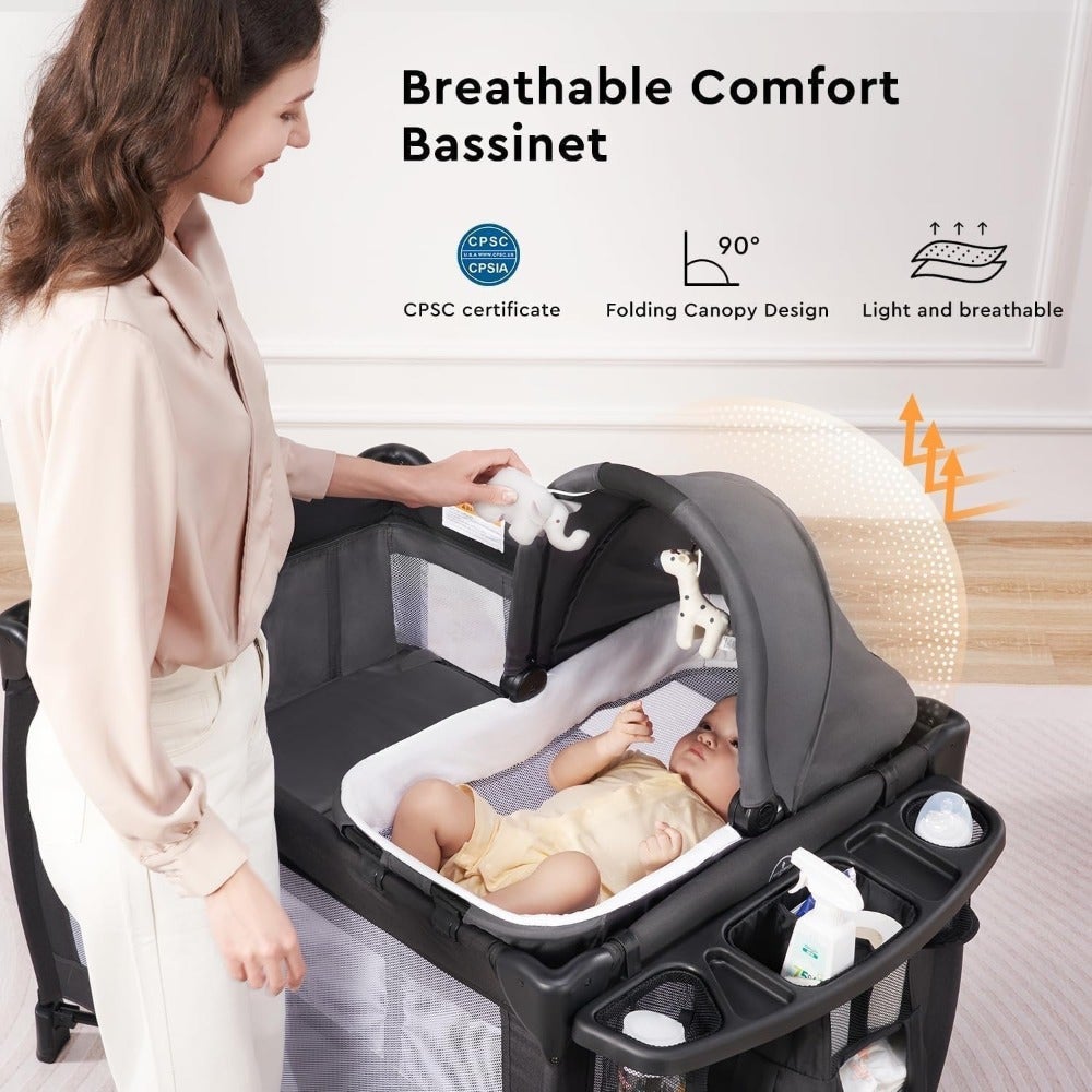 Baby Bed, Foldable Baby Cot with Bassinet, Playpen and Diaper Changing Table, Portable Travel Crib with Storage Organizer, Grey