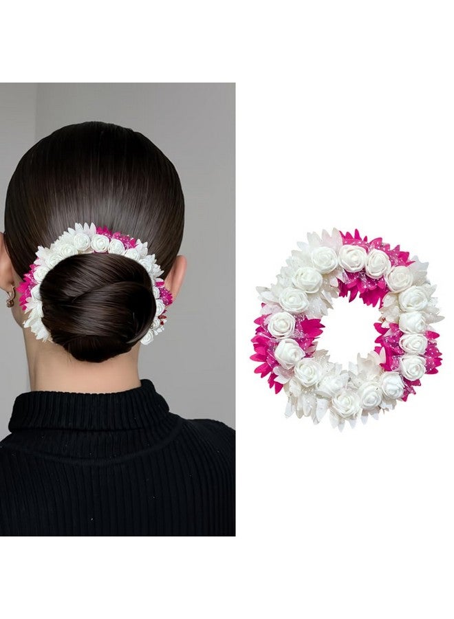 VIVIAN Artificial Bridal Rose Petal Flower Tiara Gajra Hair Juda For Women Floral Hair Bun Accessories | Suitable for Traditional Marriage/Engagements (Pink) (Pack of 1) - Image 1