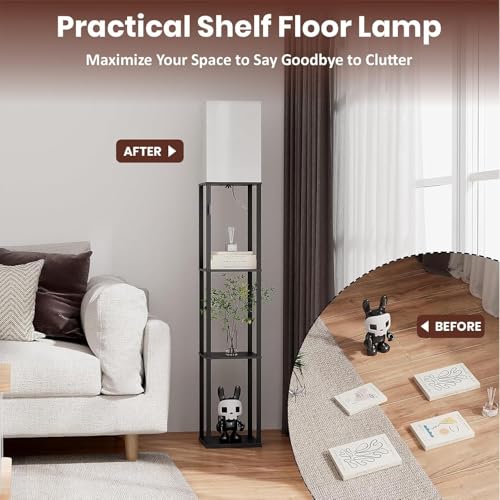 HOMIFLY 4 Tier Metal Floor Lamp with Wooden Shelves/Square Lamp with 3 Adjustable Color Mode/Corner Display Book & Vase Shelf/Standing Night Lamps for Living-Study Room/Bedroom/Home Decor(Black) - Image 5