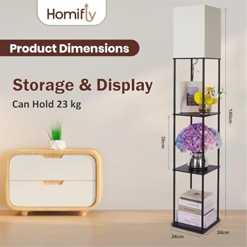 HOMIFLY 4 Tier Metal Floor Lamp with Wooden Shelves/Square Lamp with 3 Adjustable Color Mode/Corner Display Book & Vase Shelf/Standing Night Lamps for Living-Study Room/Bedroom/Home Decor(Black) - Image 3